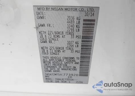 2015 Nissan Rogue Sl z USA, uszkodzony, nr VIN 5N1AT2MT5FC773920